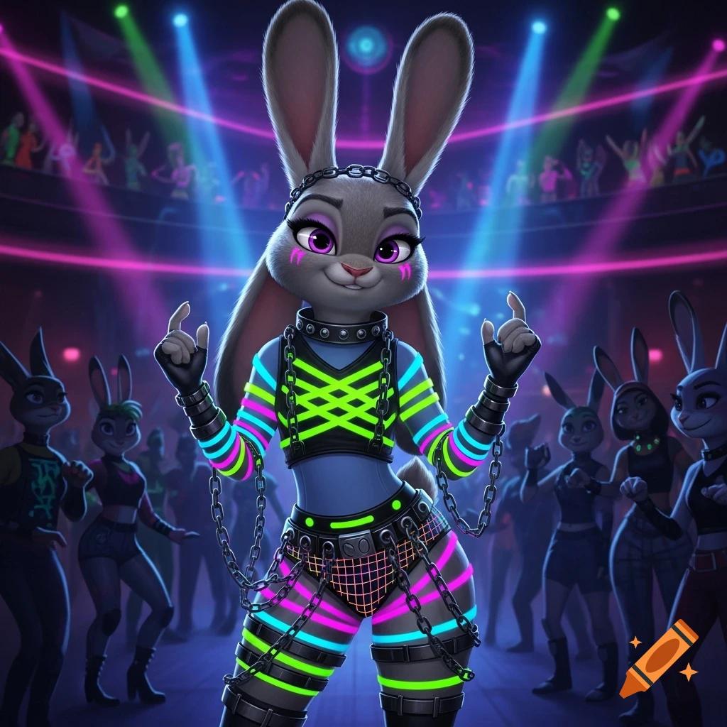 An anthro female rabbit in a neon cybergoth outfit, standing in a vibrant, neon-lit nightclub with other patrons.