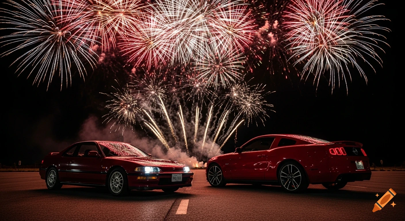Two red cars, a Honda Prelude and a Ford Mustang, parked at night under a spectacular fireworks display, photorealistic.
