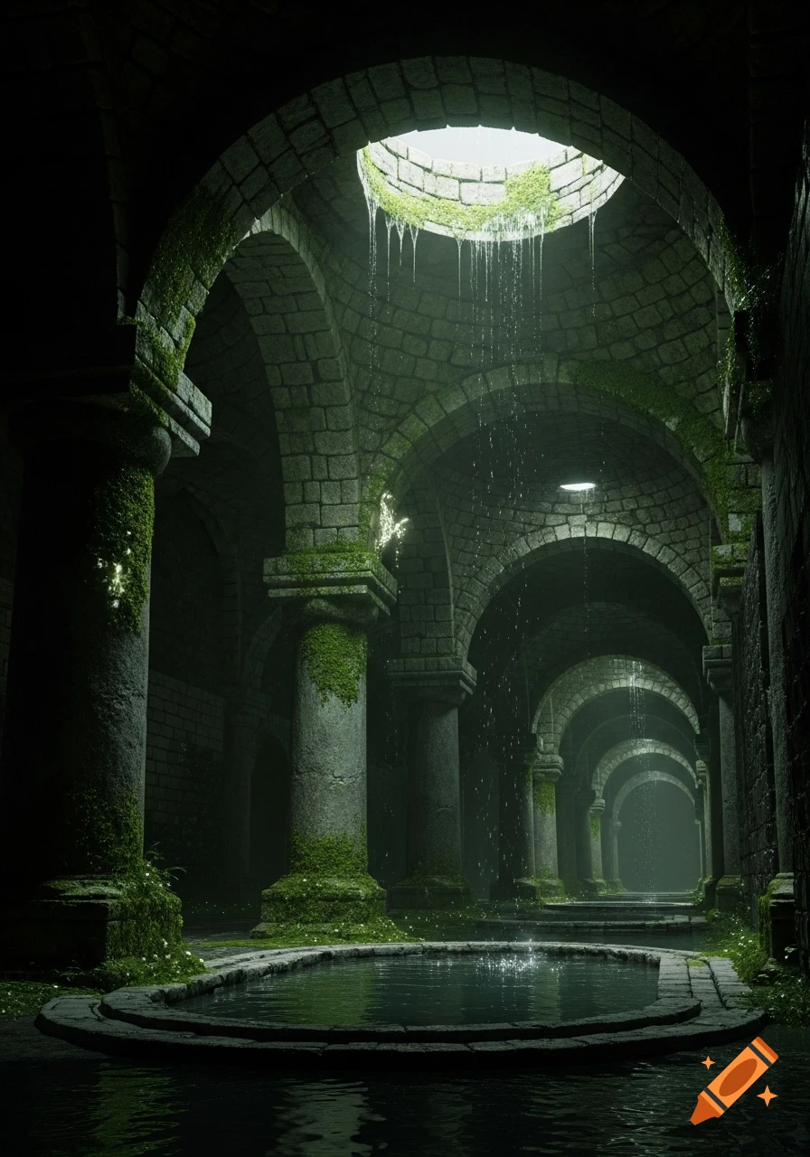 A dark, photorealistic, moss-covered stone chamber with arched ceilings, columns, and a central pool. Light streams from an overhead opening.