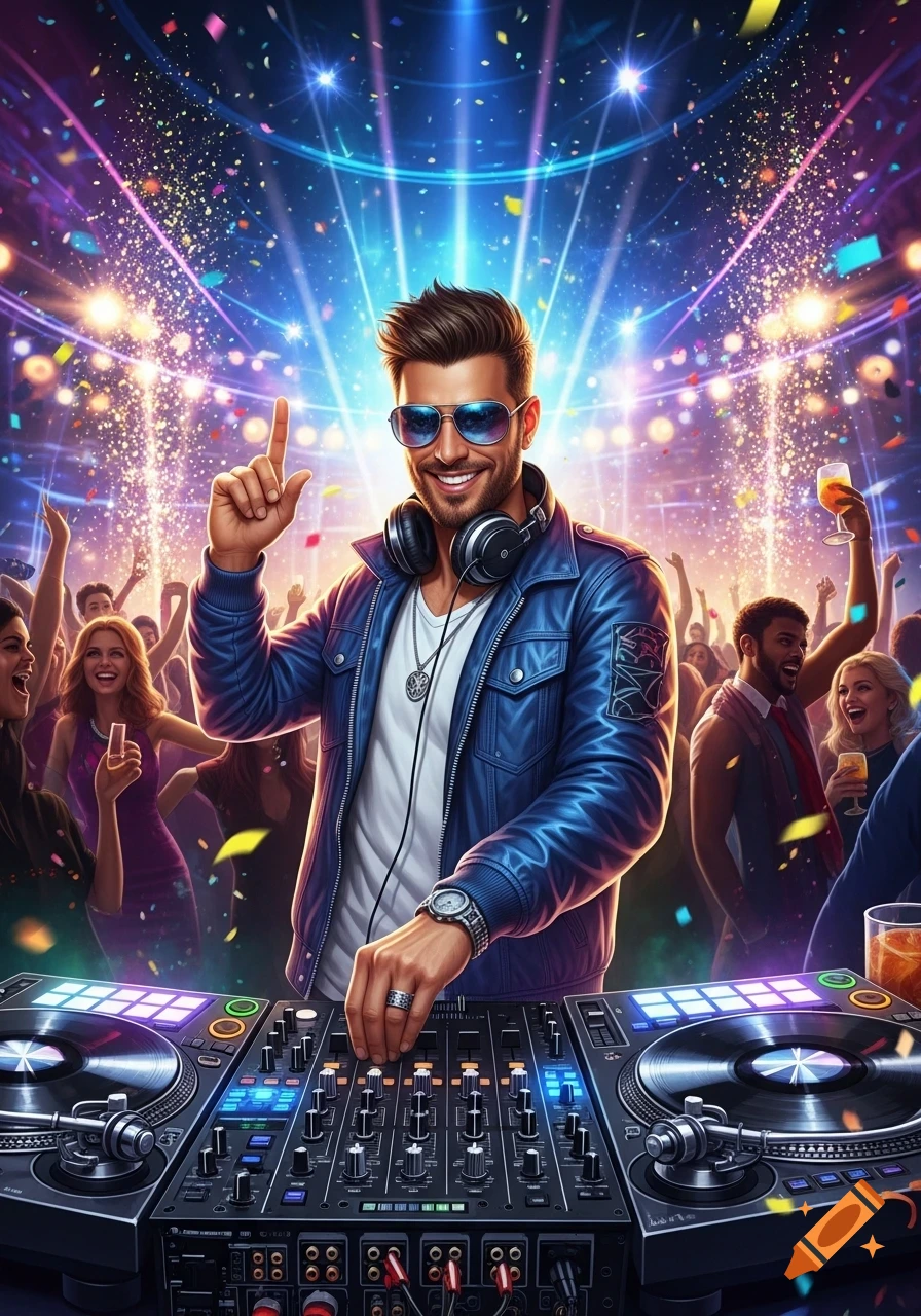 A smiling DJ in sunglasses and a blue jacket mixes music at a vibrant, confetti-filled club, with a cheering crowd in the background.