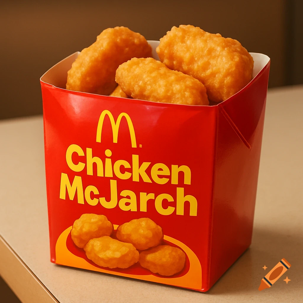 Photorealistic image of a red McDonald's box filled with golden-brown chicken nuggets, displaying the text "Chicken McJarch".