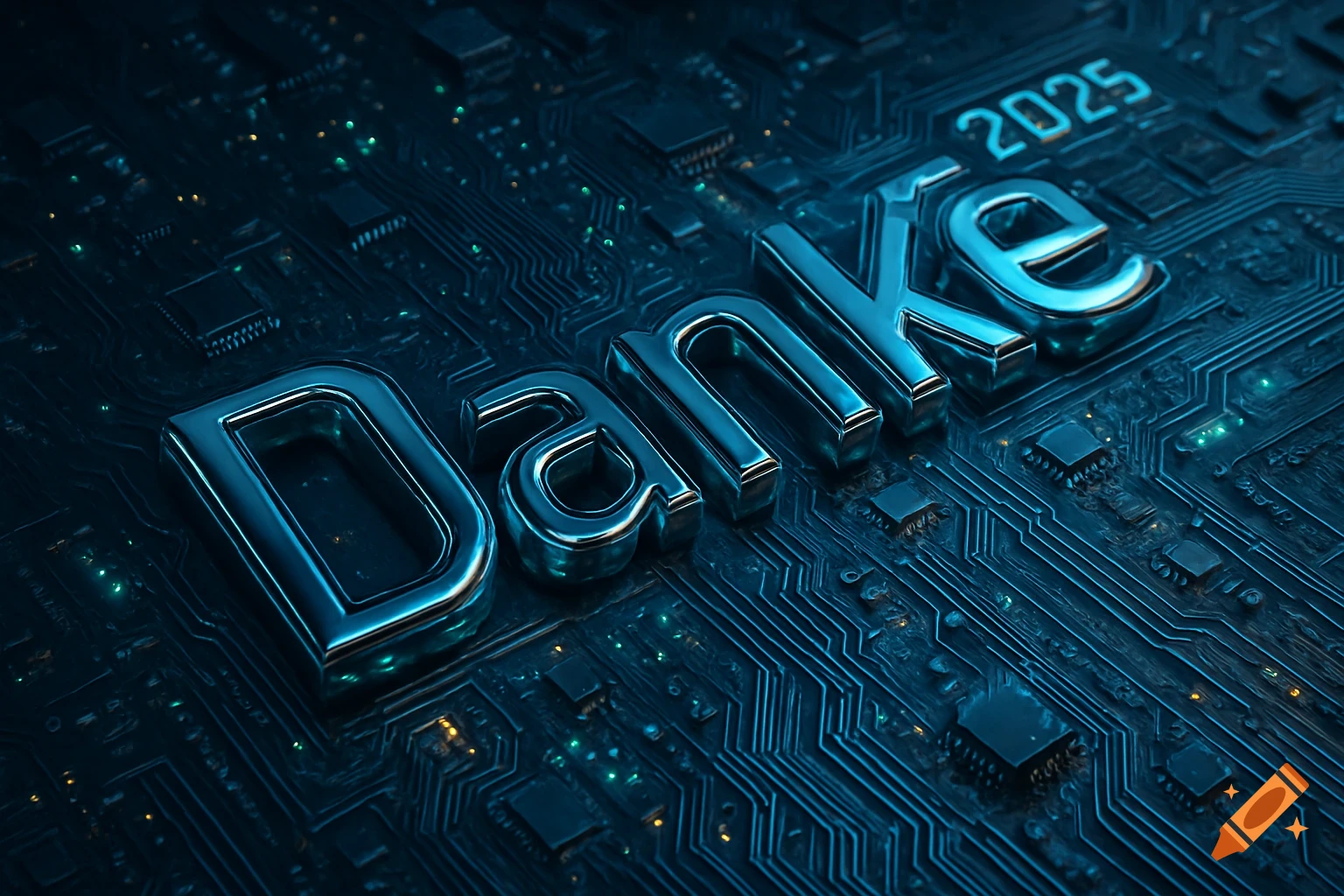 Chrome 3D text 'Danke' and glowing '2025' on a detailed blue circuit board, high-tech style.