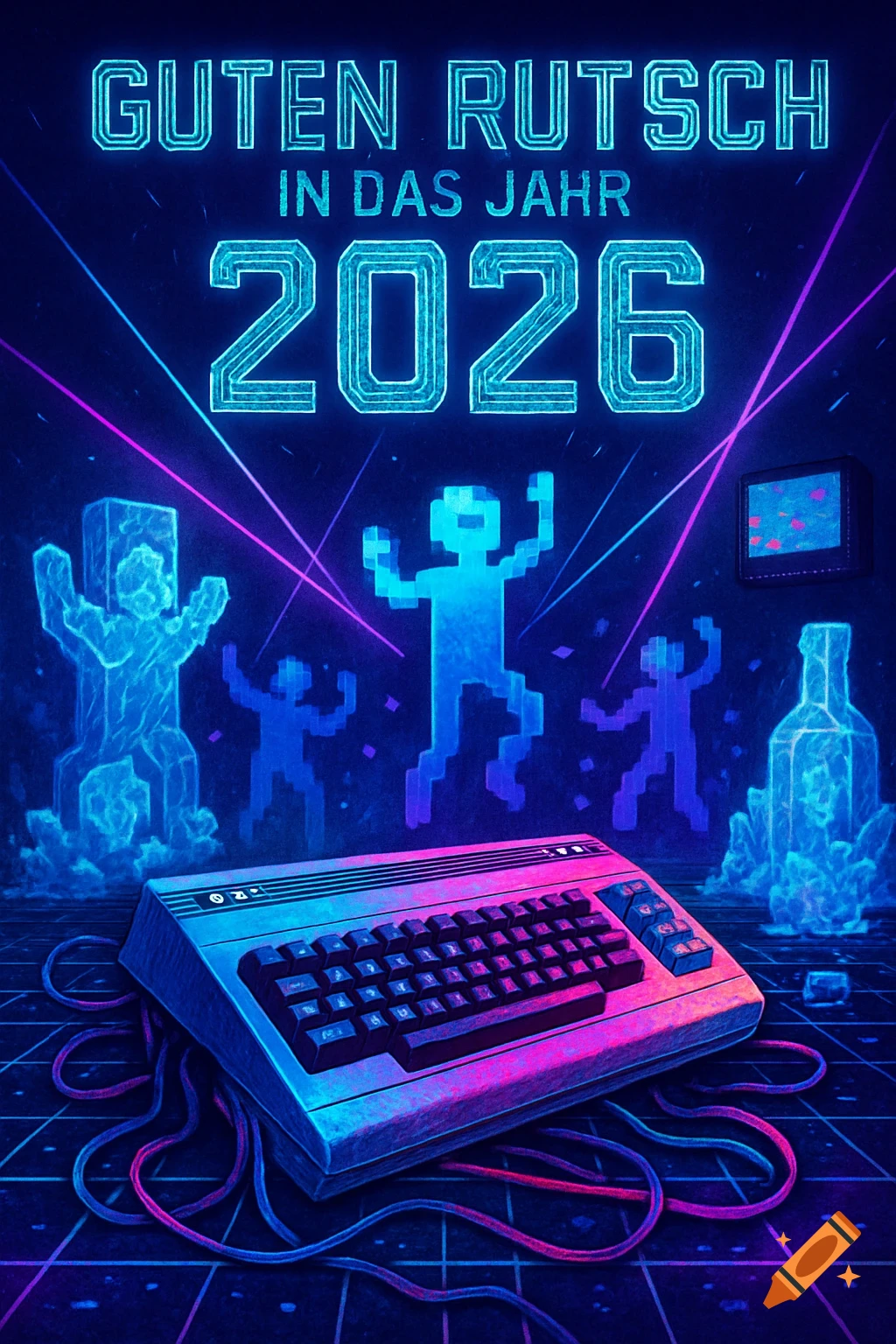 Retro-futuristic New Year's 2026 greeting with neon text, pixelated dancing figures, a C64 computer, and ice sculptures.