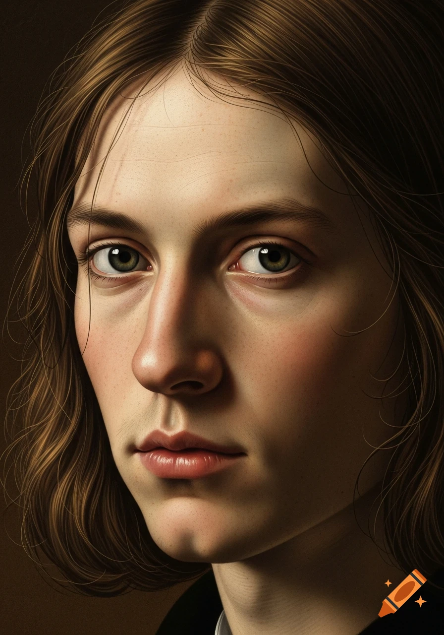 Photorealistic portrait of a young person with brown hair and green eyes, styled after Albrecht Dürer's self-portraits.