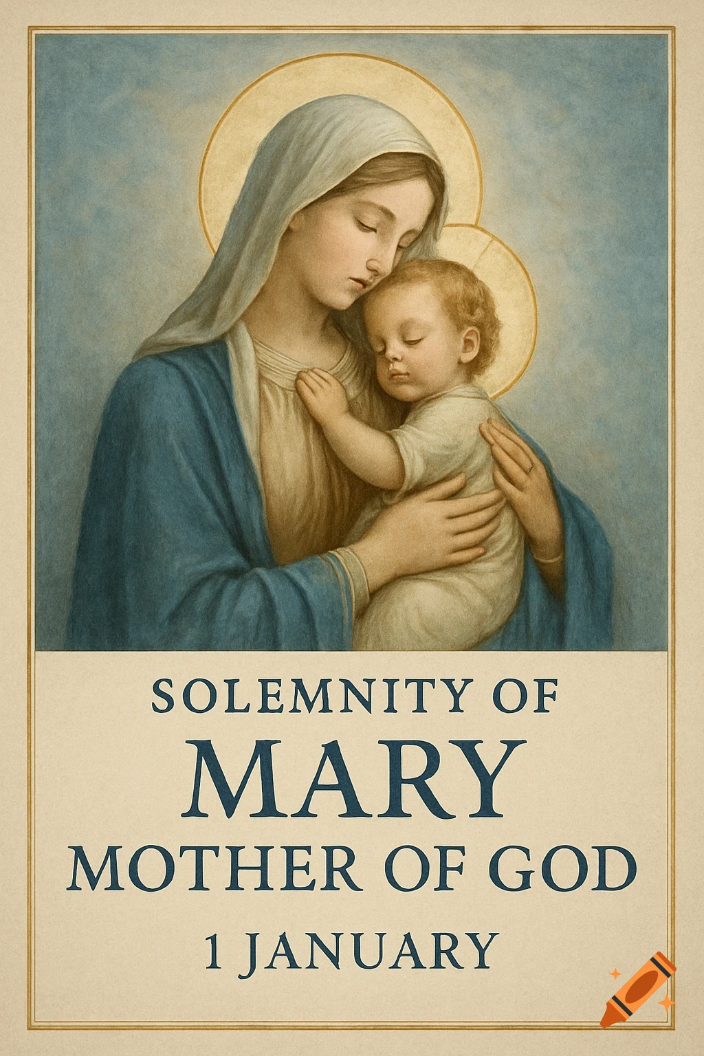 Classical painting of the Virgin Mary cradling the Infant Jesus, with golden halos, and text about the Solemnity of Mary, Mother of God.
