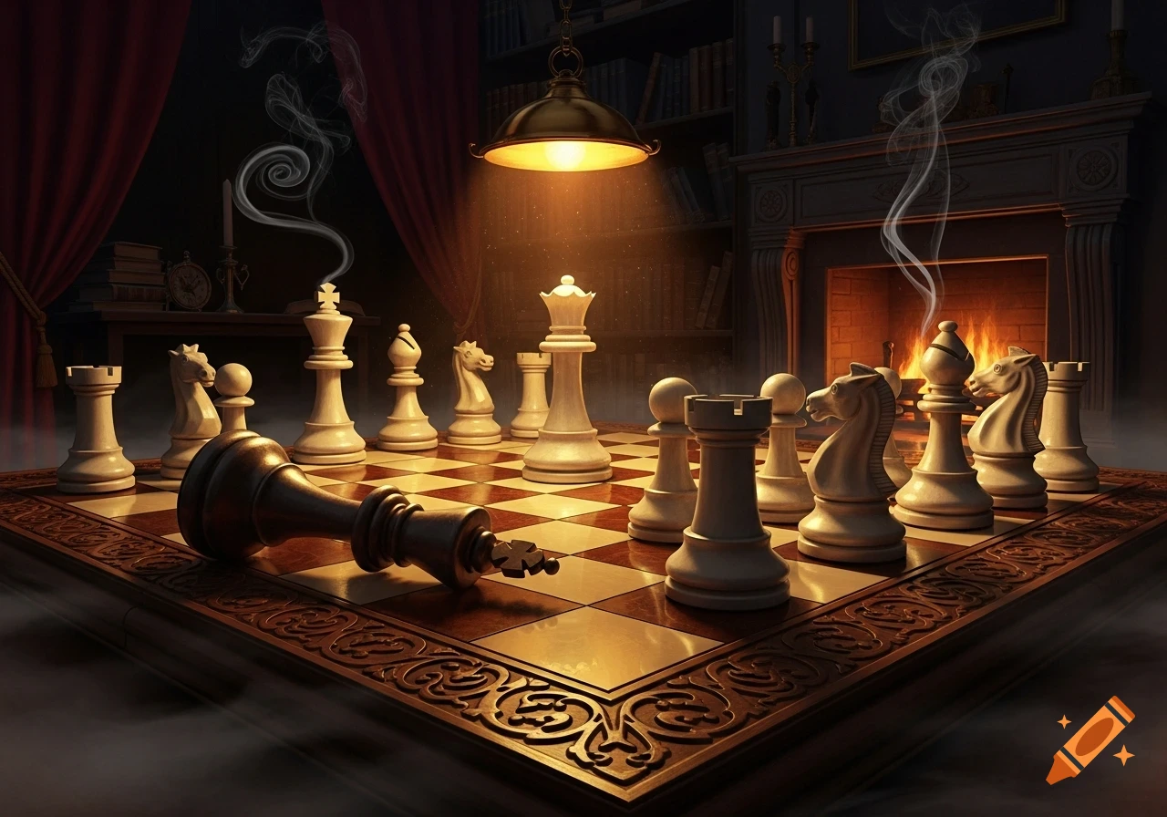 A close-up shot of a chess board in a dimly lit, luxurious room, showing a black king piece fallen on its side, surrounded by white pieces. Smoke drifts from the side, with a fireplace in the background.