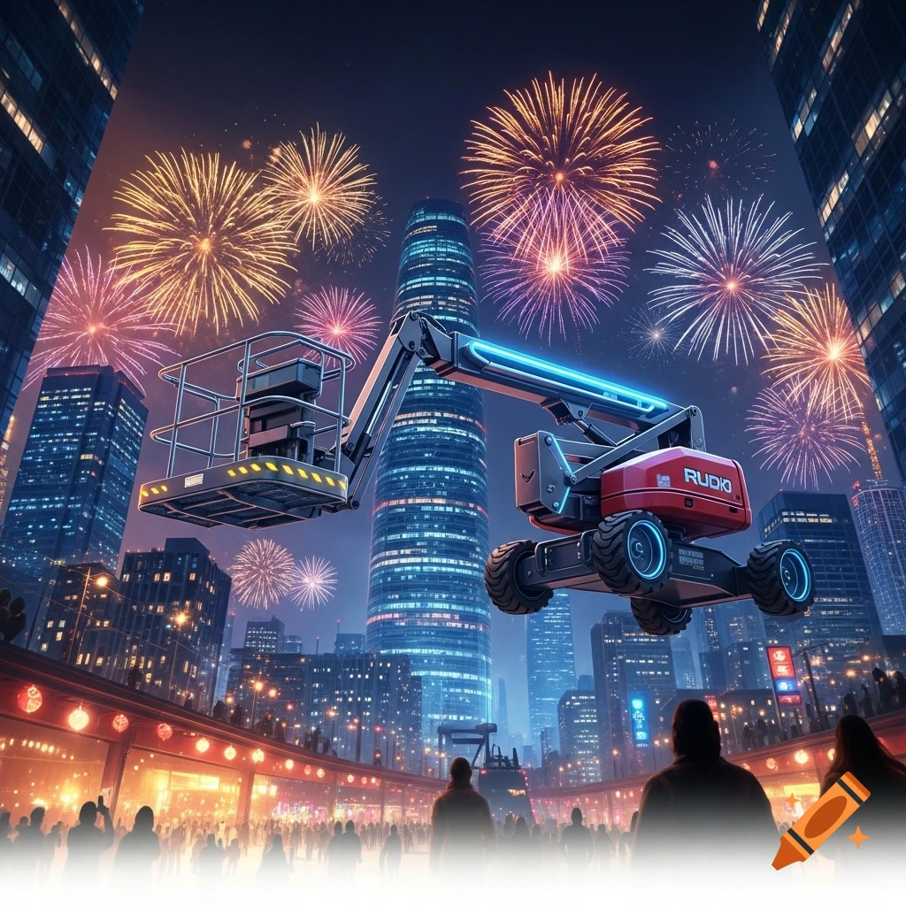 A futuristic red manlift hovers above a city street at night, illuminated by numerous vibrant fireworks and city lights.