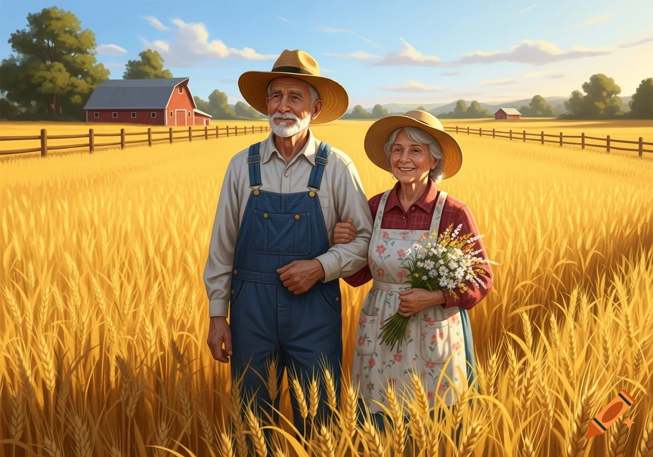 Illustrated elderly farmer couple standing arm in arm in a golden wheat field with a red barn in the background.
