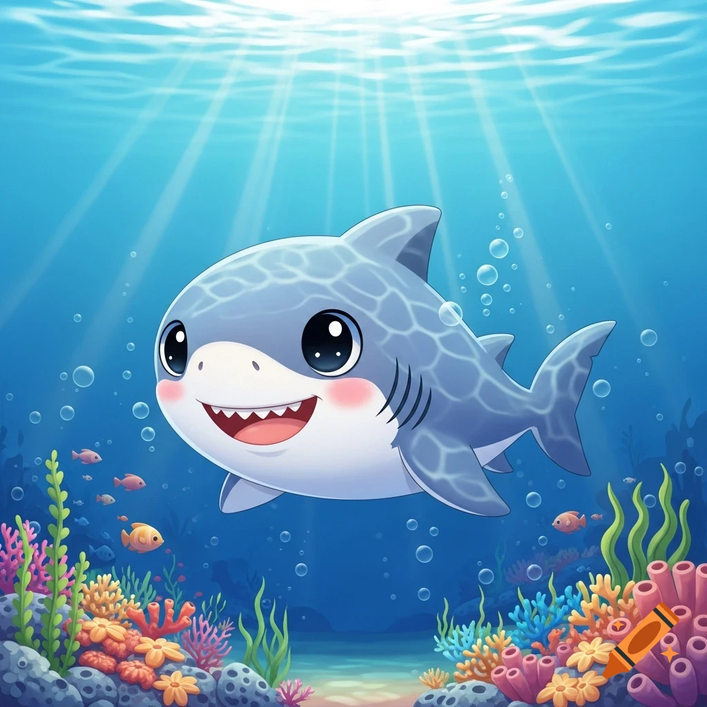 A cute, smiling cartoon baby shark swims underwater amidst vibrant coral and small fish, with sunbeams filtering from above.