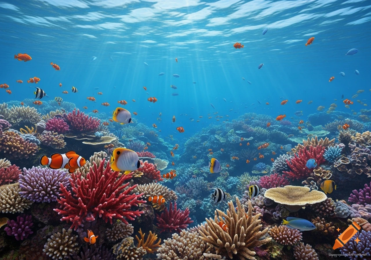Vibrant underwater coral reef with various colorful fish, including clownfish and butterflyfish, with sunbeams filtering through the clear blue water.