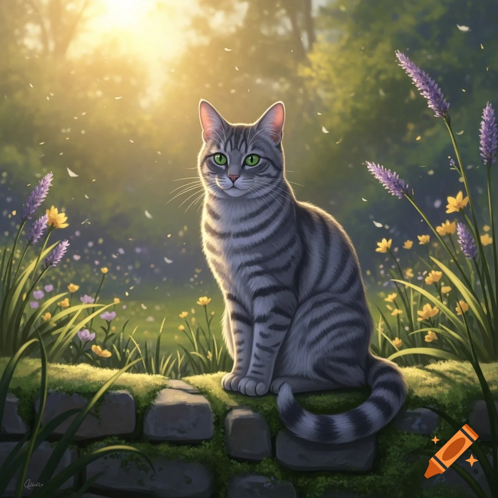 A gray tabby cat with green eyes sits on a mossy stone wall in a sunlit ...