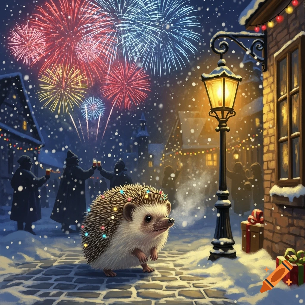 A hedgehog with festive lights on its quills walks on a snowy street at night, with fireworks bursting over a decorated village.
