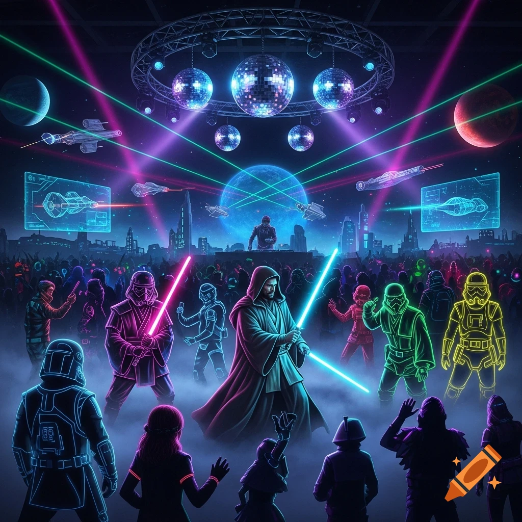 Star Wars characters, including one resembling Obi-Wan Kenobi, dance at a neon-lit sci-fi rave with disco balls, lasers, planets, and spaceships.