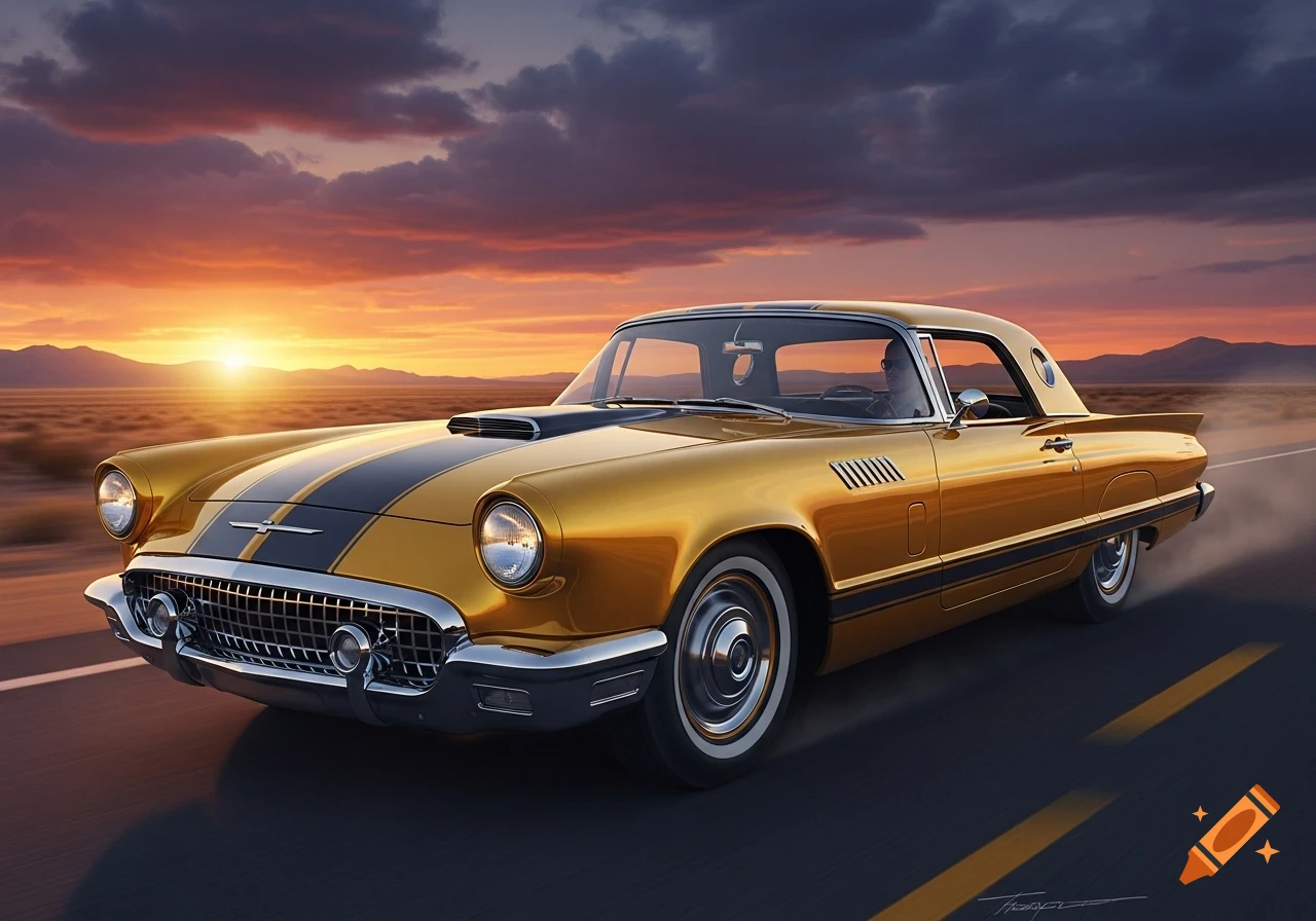 A gold and black classic Thunderbird drives on a desert road at sunset, with motion blur and vibrant sky.