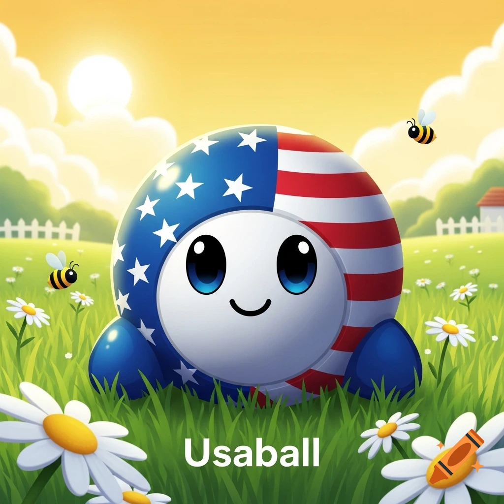 A cute, round character resembling a US flag, with big blue eyes and a smile, sits in a sunny field of daisies with bees flying around.