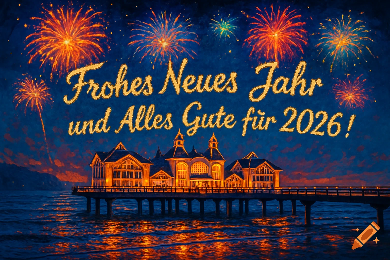 Sellin Pier at night illuminated by fireworks with 'Frohes Neues Jahr und Alles Gute für 2026!' text.