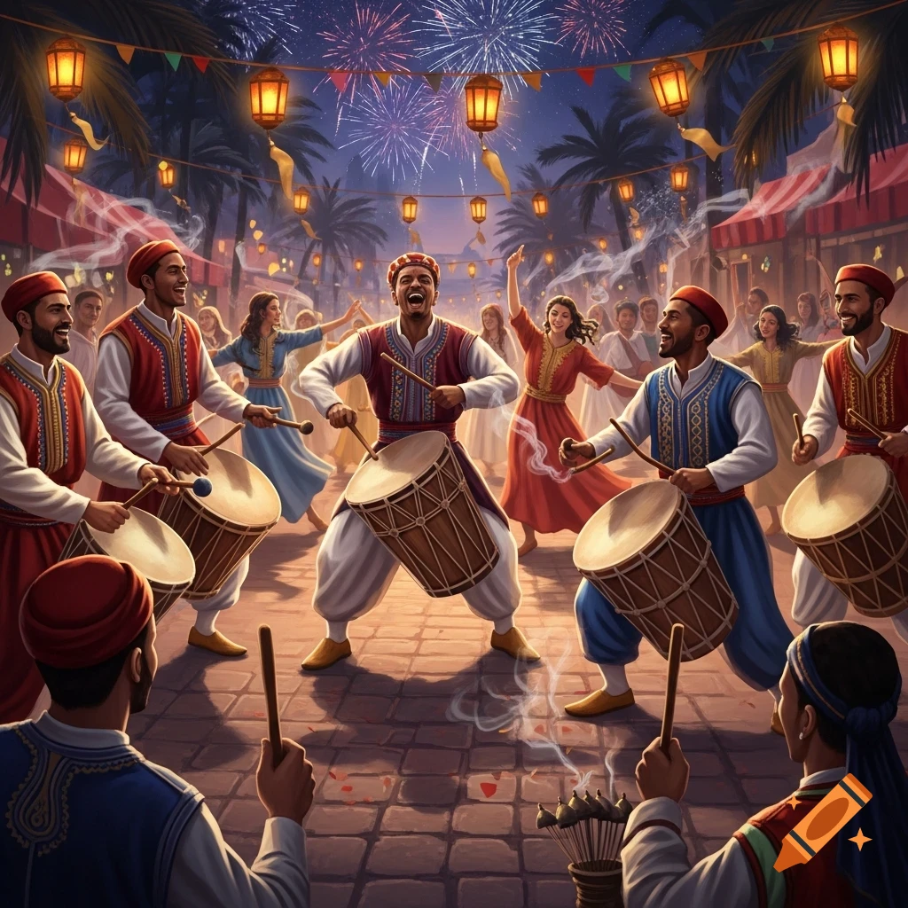 A festive night scene with people in traditional clothing playing drums, dancing, and fireworks in the sky.