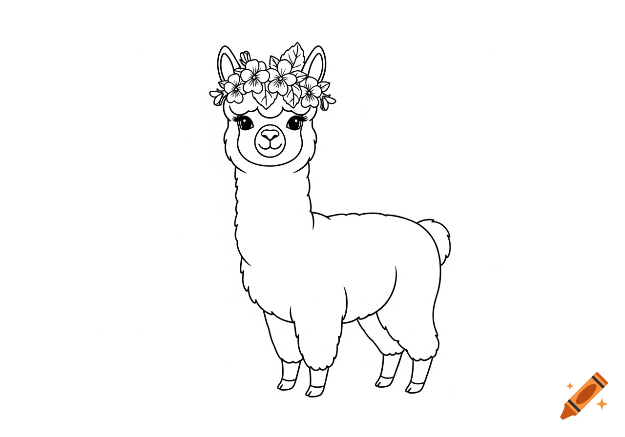 A black and white line art coloring page of a cute alpaca wearing a floral crown, looking forward.