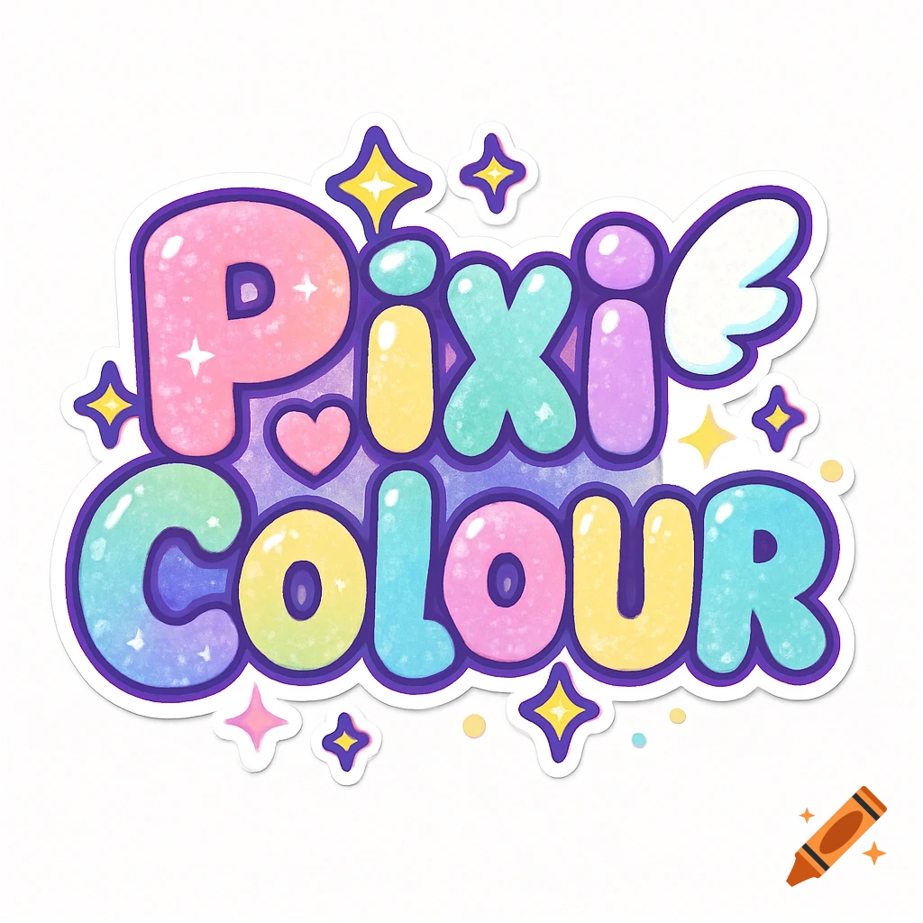 Pastel bubble letter logo for 'Pixi Colour' with glitter, stars, a heart, and a wing, in a kawaii sticker style.