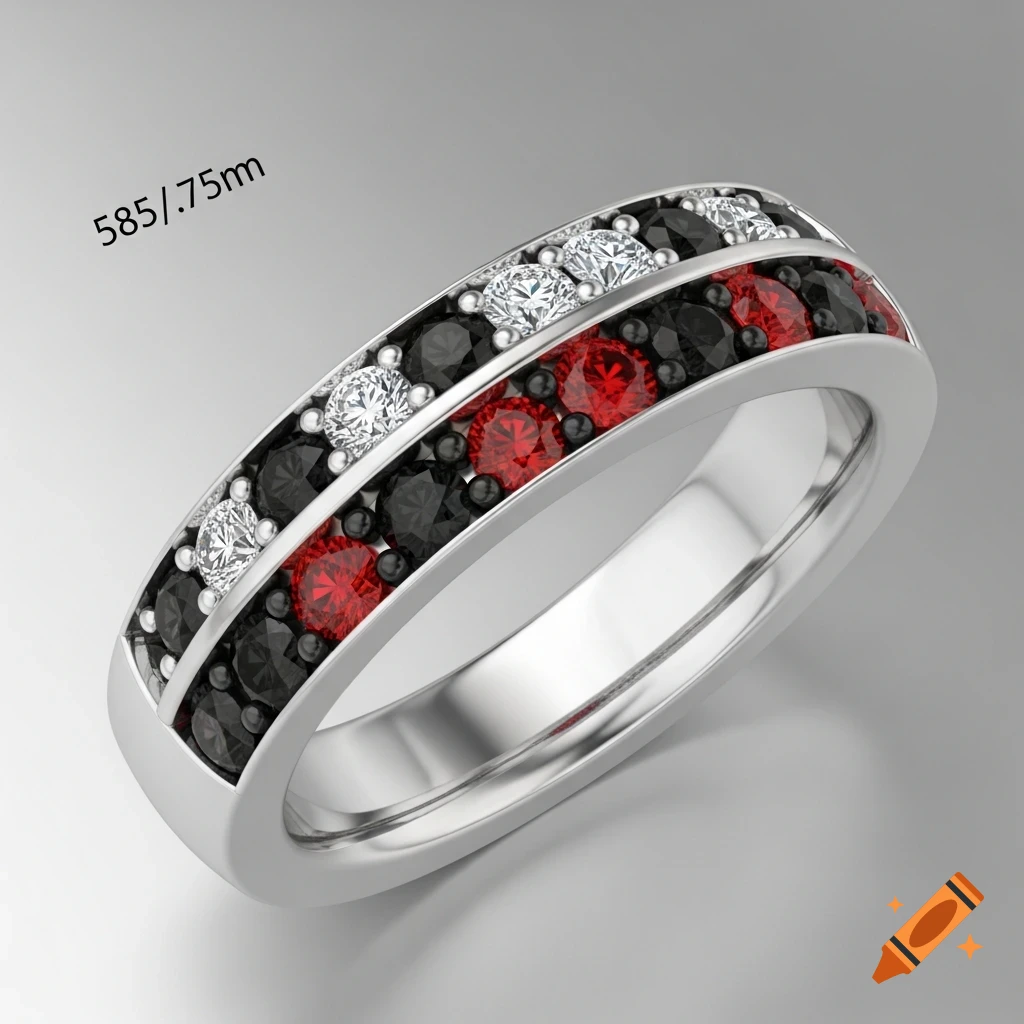 Silver ring with a center row of red gems, flanked by black gems and two outer rows of white gems.