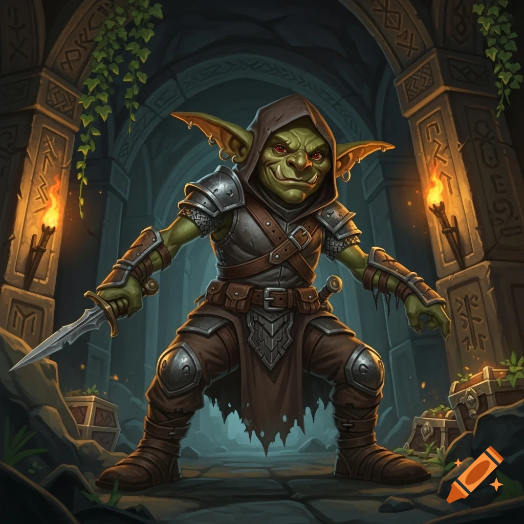 A menacing Dungeons and Dragons goblin rogue with a dagger stands in a torchlit dungeon, digital art.