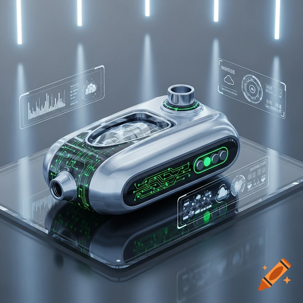 A sleek, futuristic silver and green inhaler on a glass stand, surrounded by glowing holographic data screens in a dimly lit sci-fi setting.