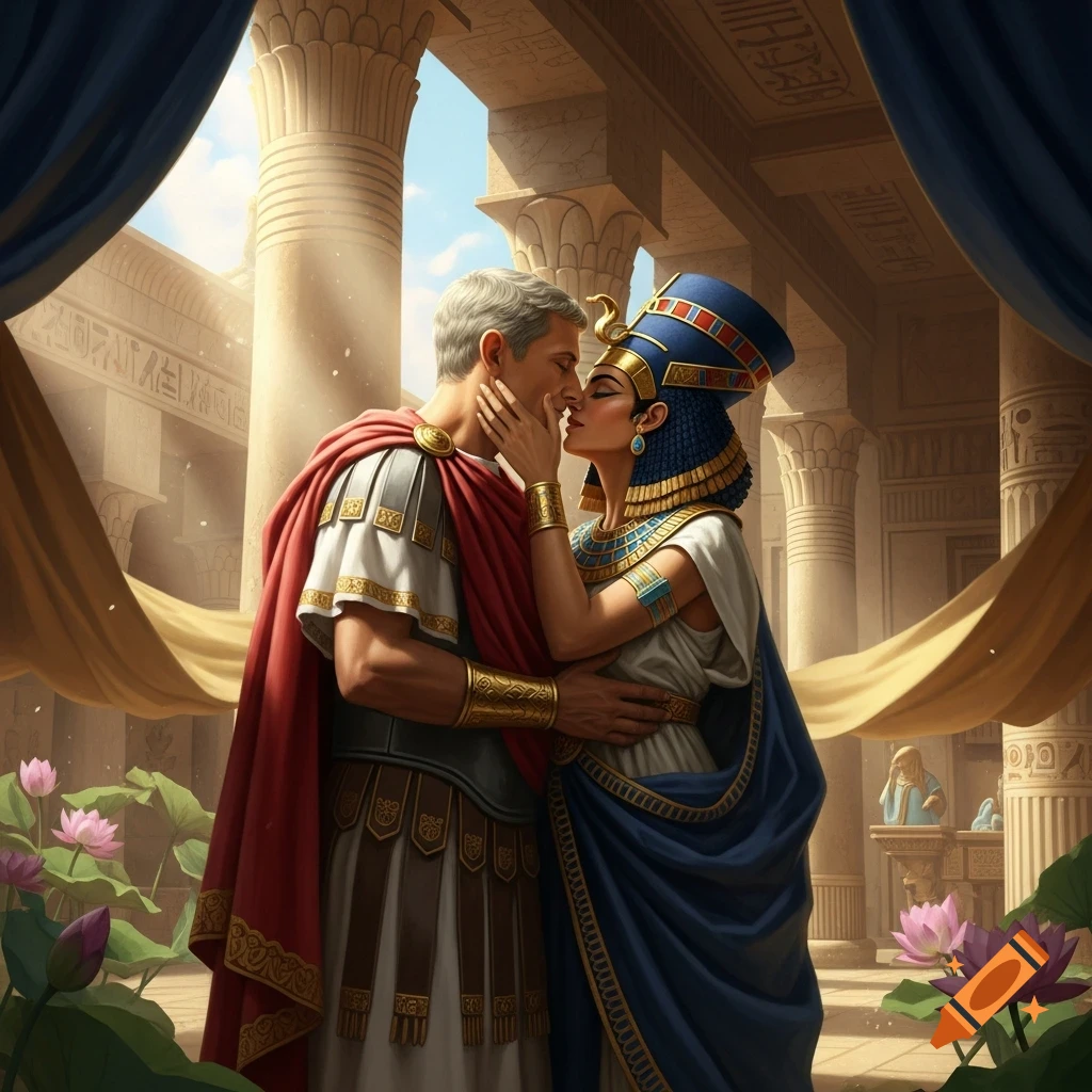 Julius Caesar and Cleopatra embrace and kiss in a richly decorated ancient Egyptian temple with columns and lotus flowers.