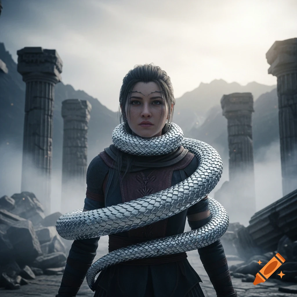 Photorealistic image of a woman with a silver-scaled snake wrapped around her neck and body, amidst ancient ruins and mountains.