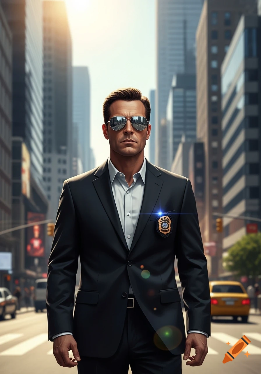 A serious male DEA Special Agent wearing sunglasses and a suit stands in a busy city street.