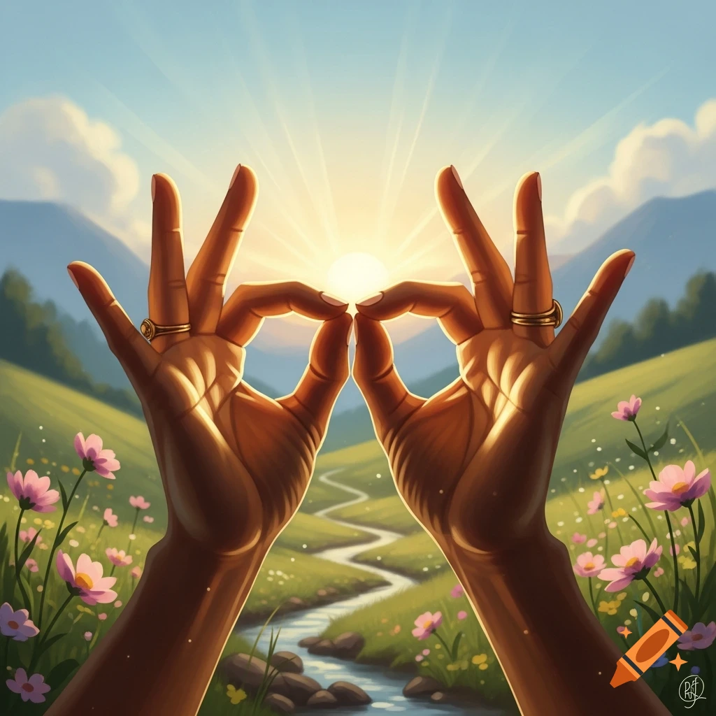 Two hands forming a mudra, framing the bright sun over a serene, lush valley with a winding river and pink flowers, in an illustrated style.
