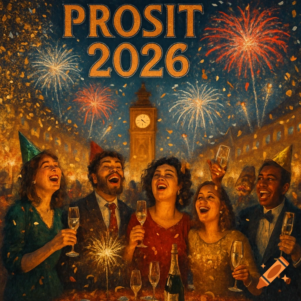 Diverse group in party hats celebrating New Year's 2026 with champagne and fireworks under a clock tower, text 'PROSIT 2026'.