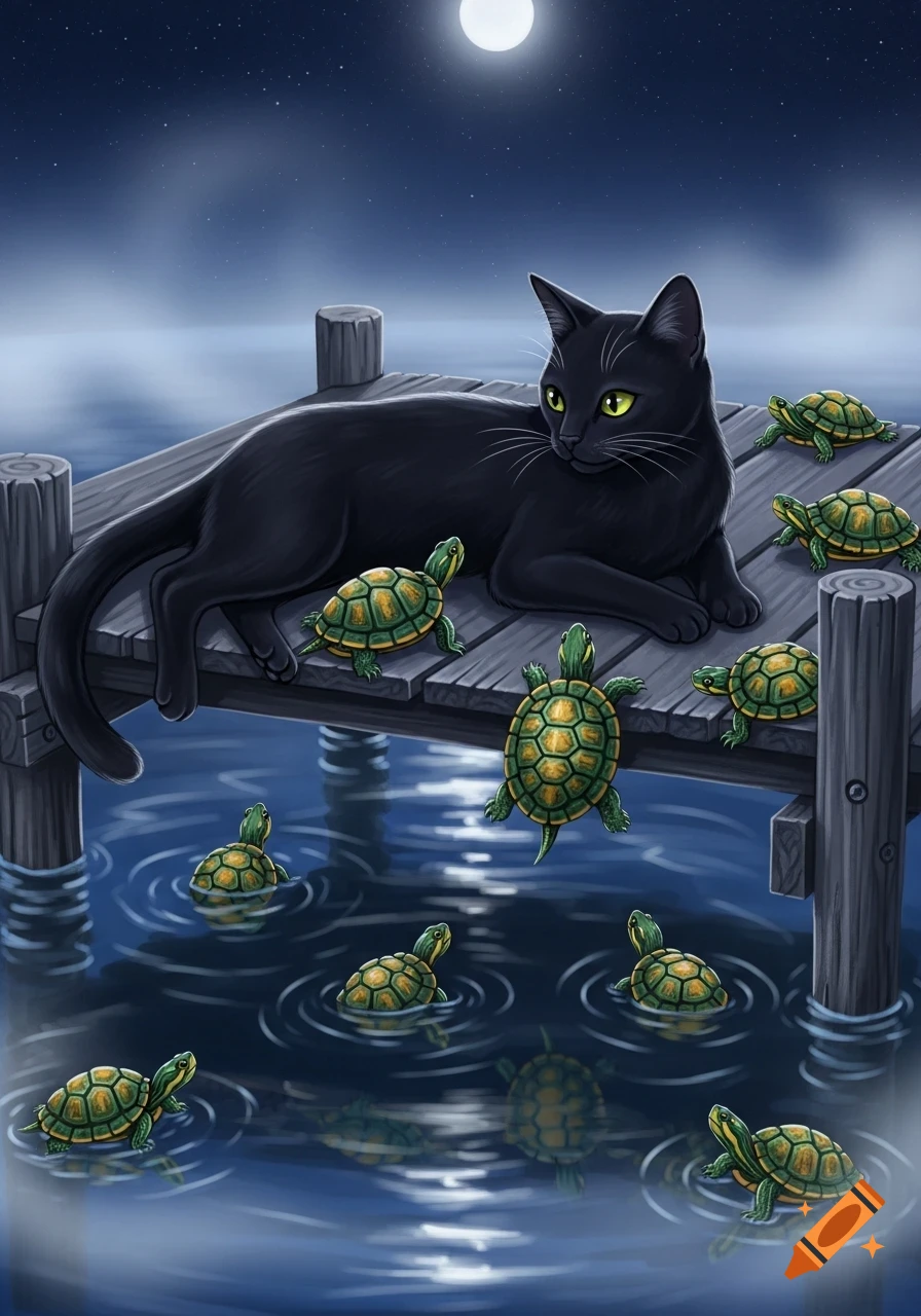 A black cat lies on a wooden pier at night under a full moon, surrounded by many small green turtles swimming and crawling.