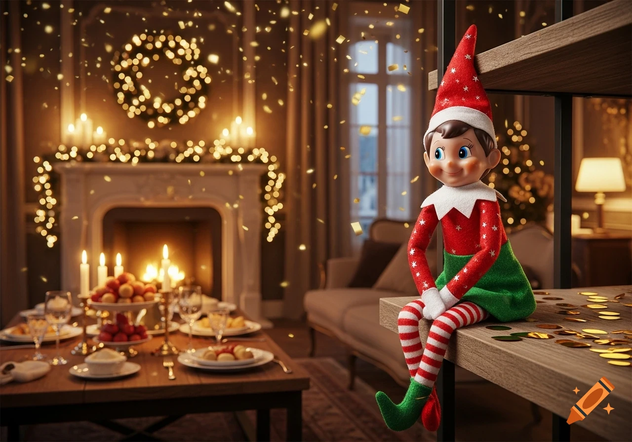 An Elf on the Shelf doll sits on a shelf in a festive room with Christmas lights and falling golden confetti.