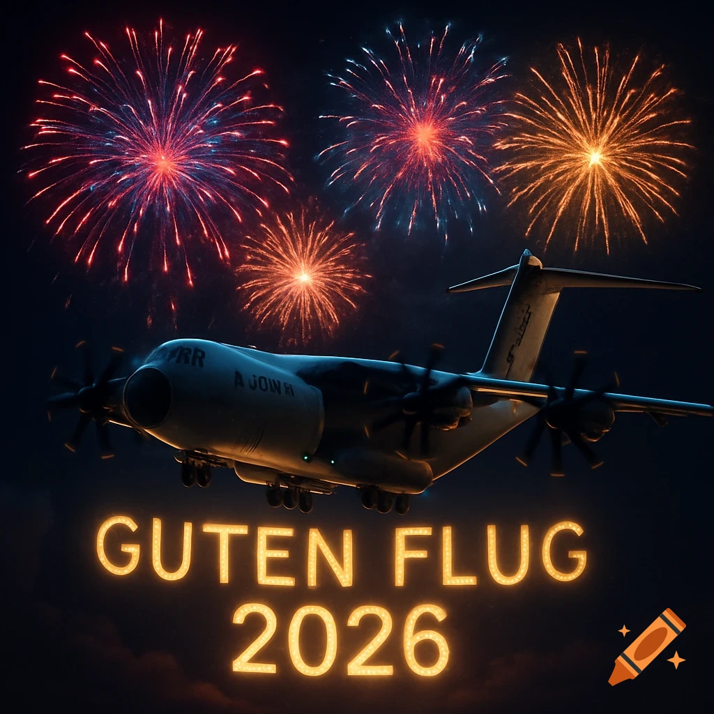 A realistic military transport aircraft flies at night above glowing text 'Guten Flug 2026', surrounded by colorful fireworks.
