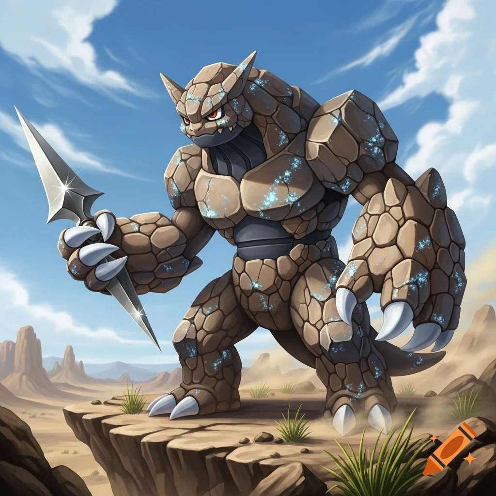 A custom rock-type Pok mon monster with red eyes stands on a cliff in a desert landscape, holding a pointed kunai weapon.
