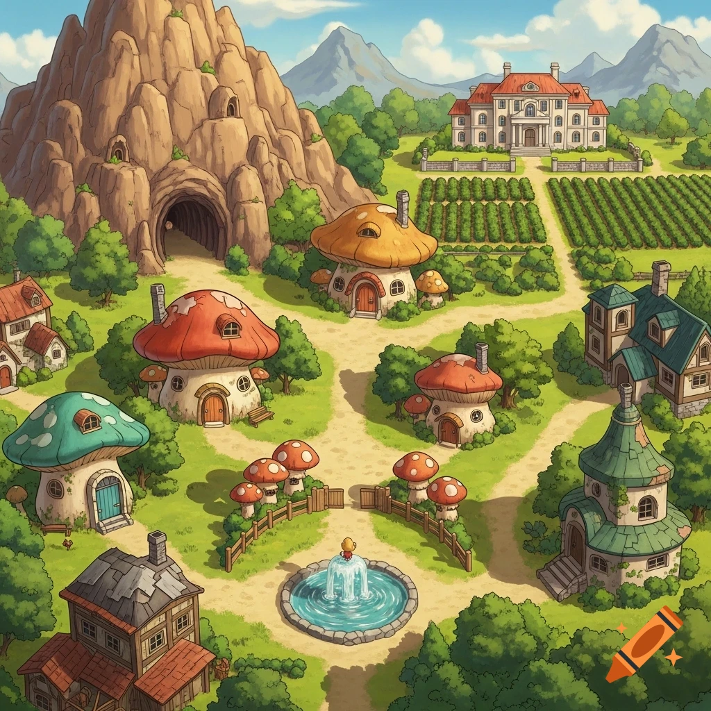 Top-down, Studio Ghibli style illustration of a fantasy village with mushroom houses, a mountain, a mansion, fields, and a central fountain.