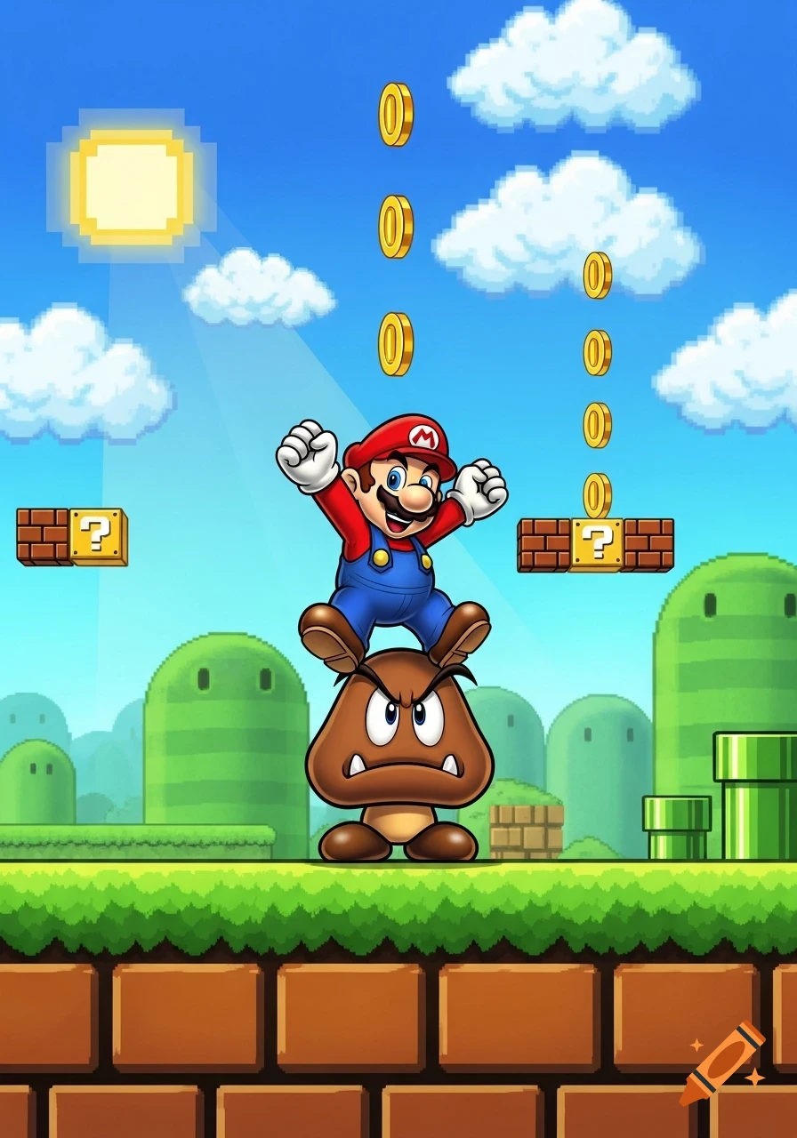 Mario stomps on a Goomba in a classic Super Mario Bros. 2D pixel art style, with question blocks, coins, and a pixelated sun.