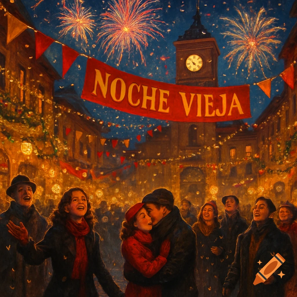 A painterly scene of people celebrating New Year's Eve in a festive street with fireworks and a 'NOCHE VIEJA' banner.