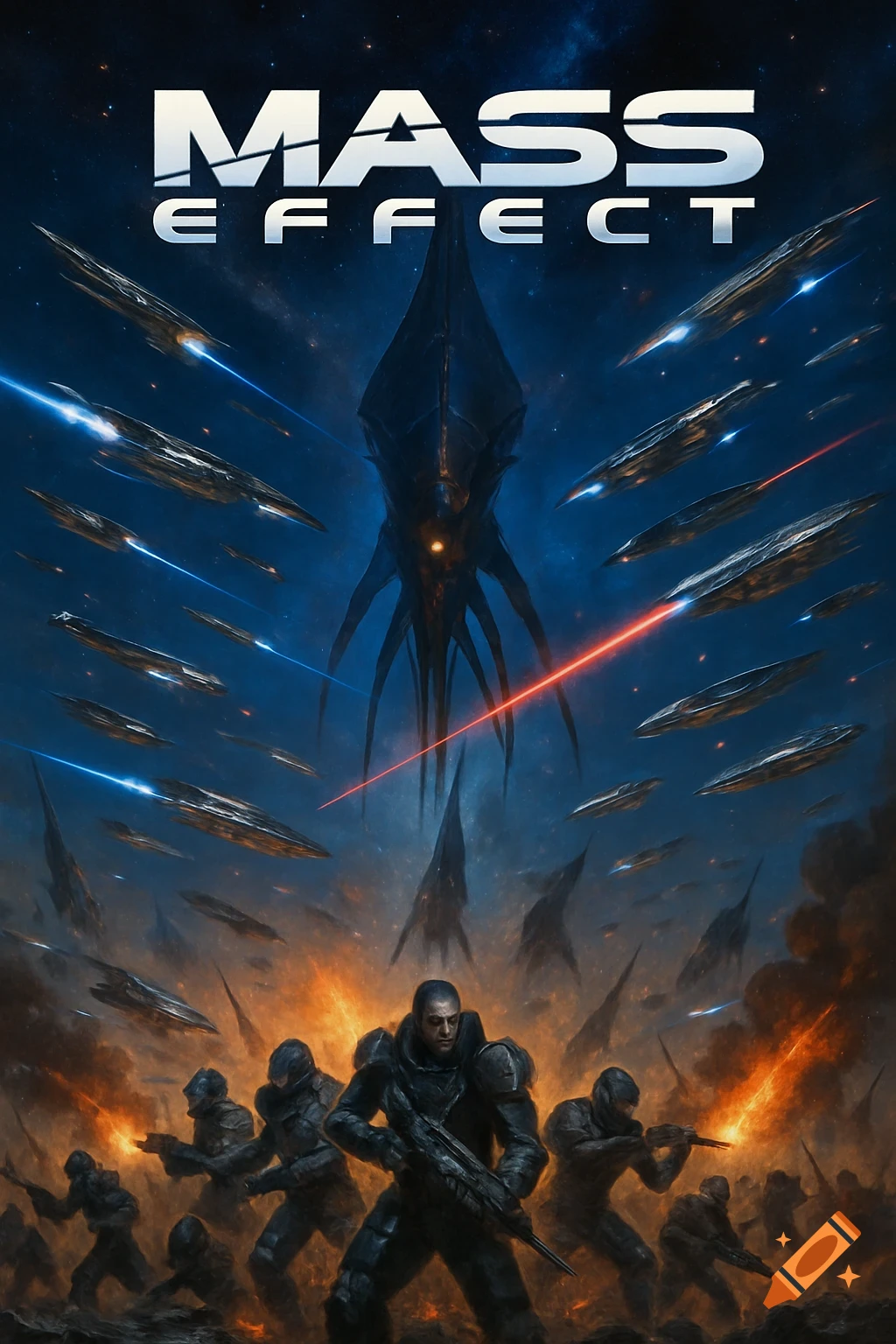 Epic space battle scene with armored soldiers, futuristic ships, and a giant alien vessel, beneath the 'MASS EFFECT' title.