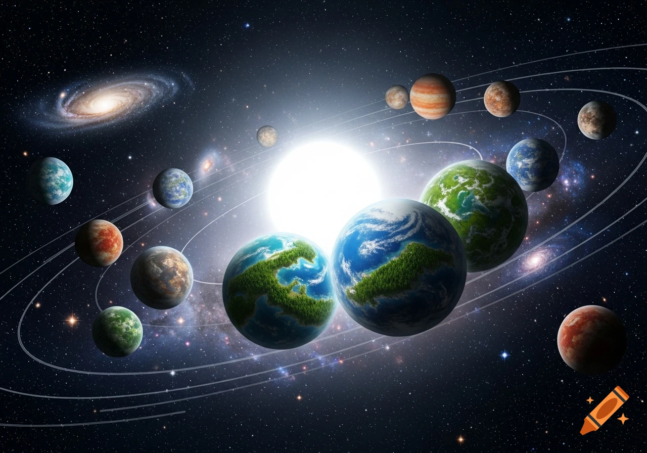 A vibrant star system with many planets orbiting a bright sun, including three Earth-like worlds with green continents and blue oceans, against a starry galaxy background.