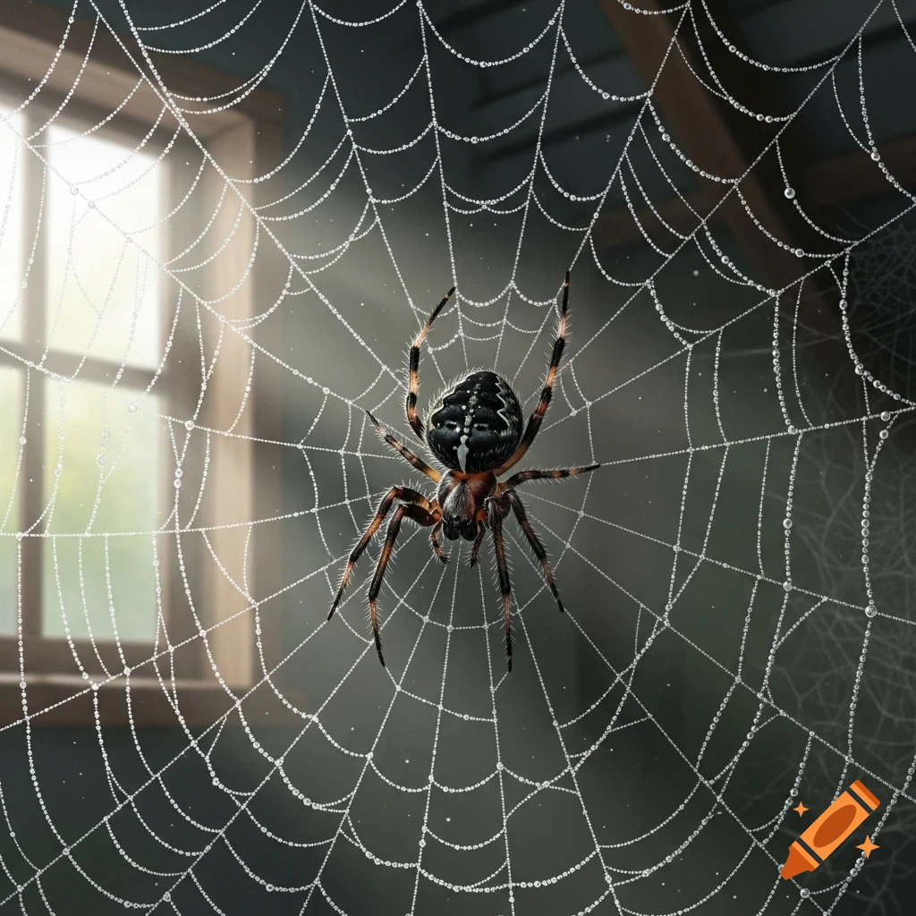 Close-up of a black and brown spider in a dewy web indoors, with a window and dark background.