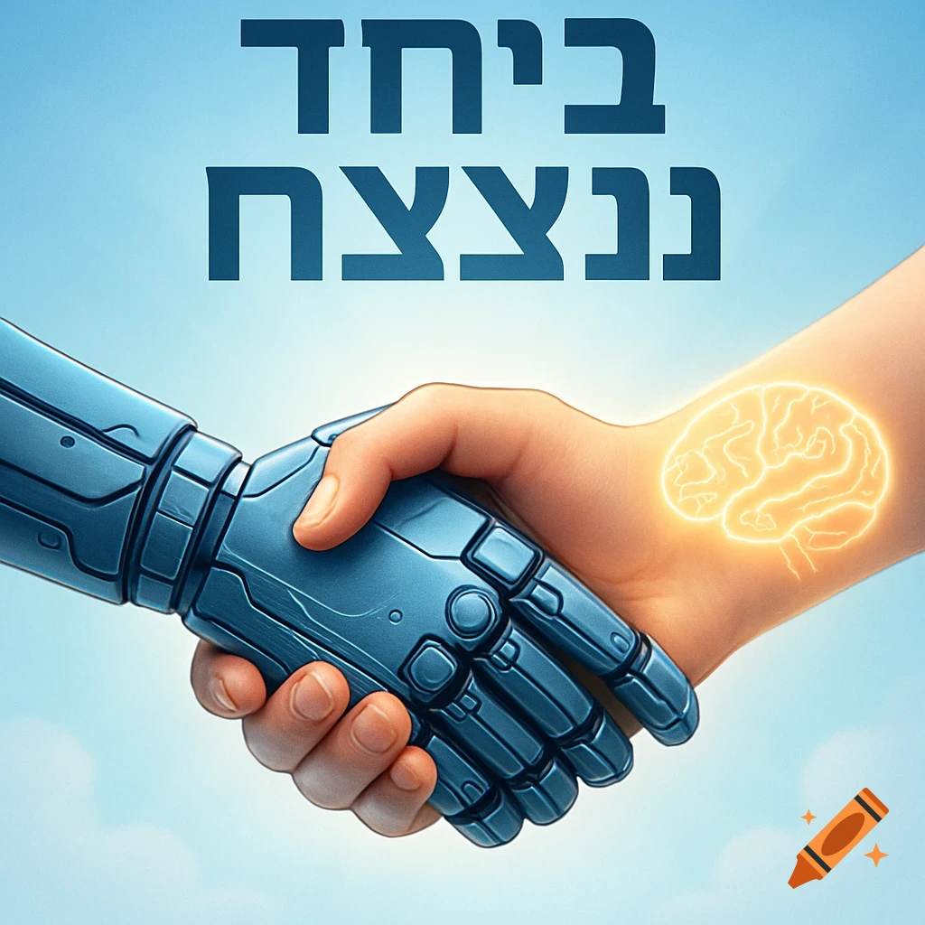 A robotic hand shakes a human hand with a glowing brain on its wrist, above blue Hebrew text 'Together we will win'.