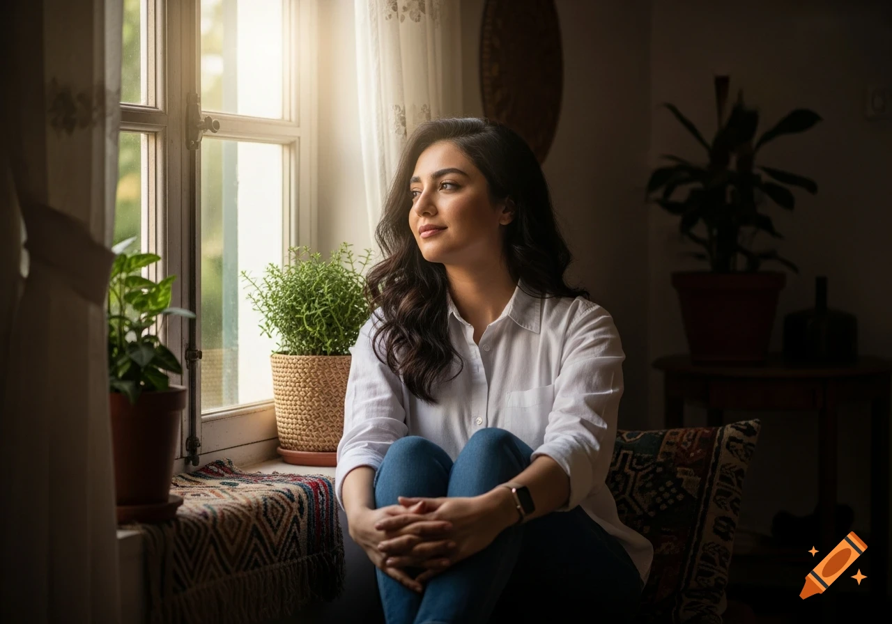 Young woman with dark hair sits thoughtfully by a sunlit window in a cozy home.