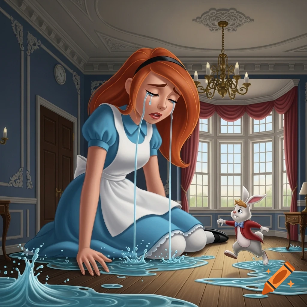 A giant animated red-haired girl in an Alice-like dress cries, flooding a fancy room while a white rabbit runs through her tears.
