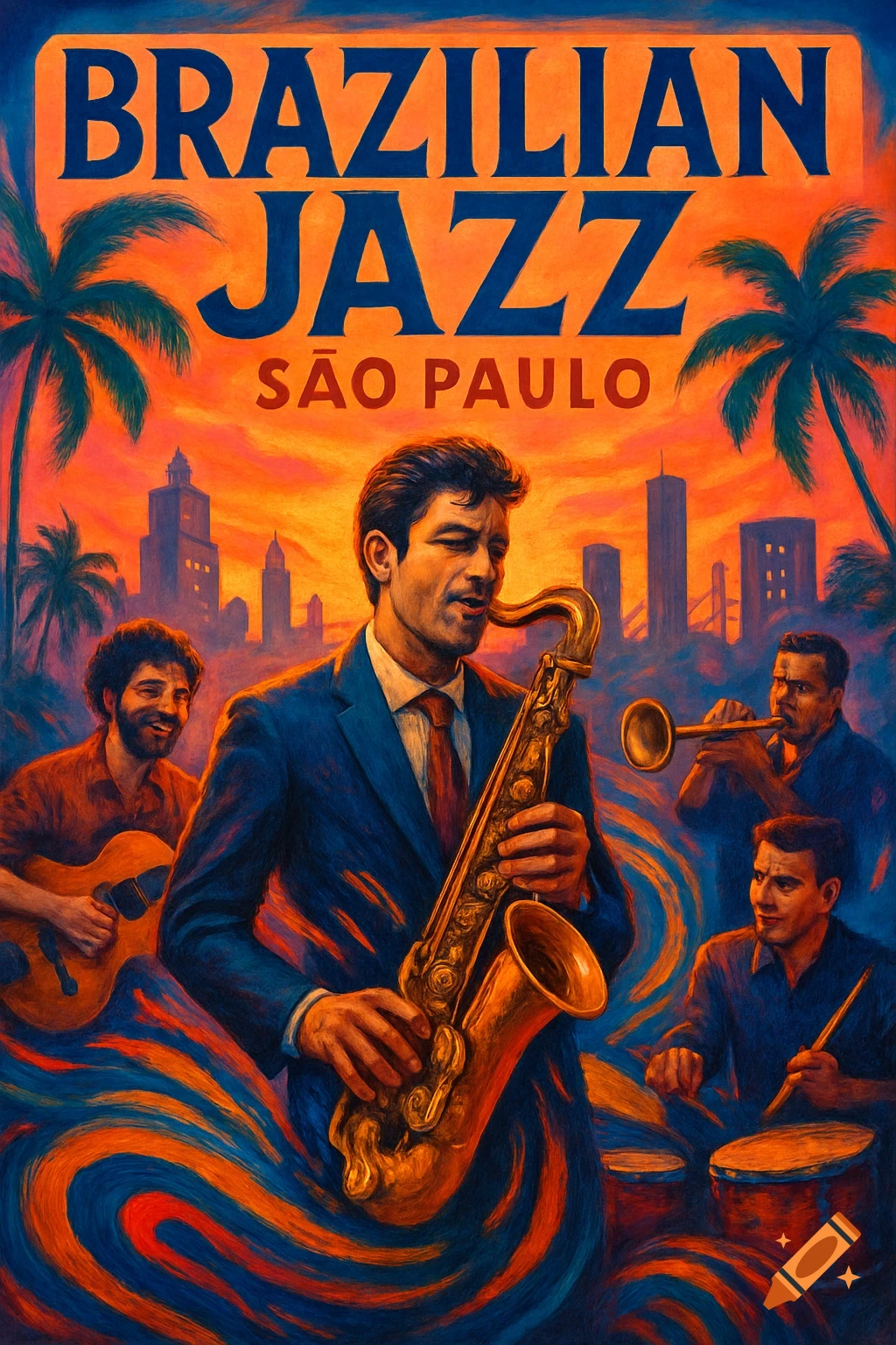 Stylized painting of a Brazilian jazz band playing instruments against a vibrant sunset city skyline. Text: 'BRAZILIAN JAZZ SÃO PAULO'.