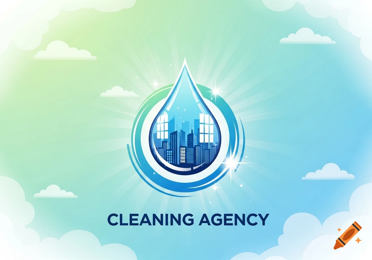 A vibrant logo illustration with a city skyline inside a large water drop, surrounded by a blue and green swirl and sun rays, with the text "CLEANING AGENCY" below, against a gradient sky with clouds.