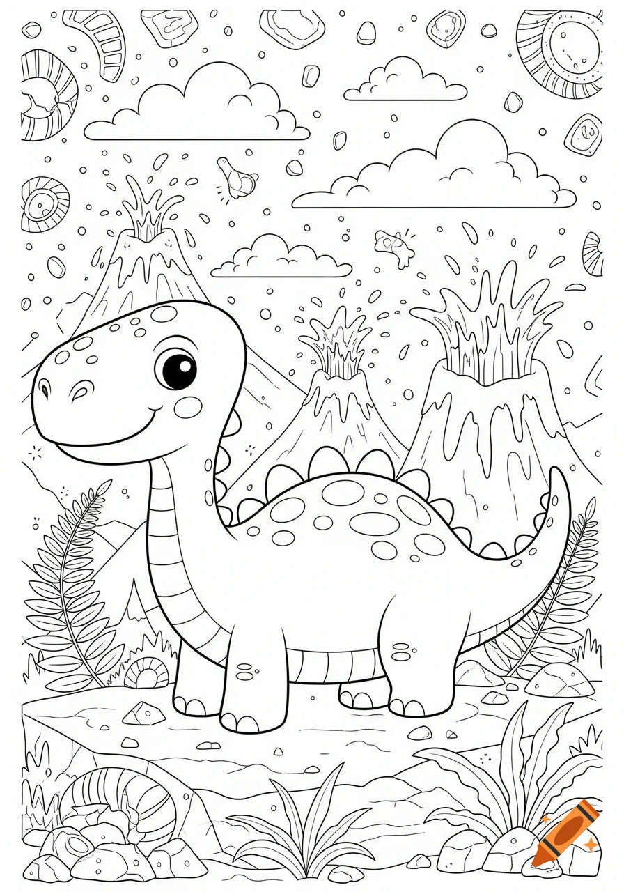 A cartoon coloring page shows a happy brontosaurus-like dinosaur in a prehistoric landscape with erupting volcanoes, clouds, and fossils.