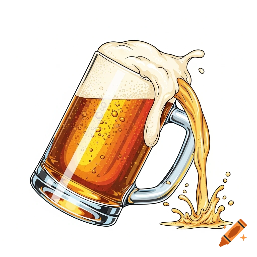 A stylized graphic of a glass beer mug tipped on its side, overflowing with foamy golden beer that splashes onto a white background.
