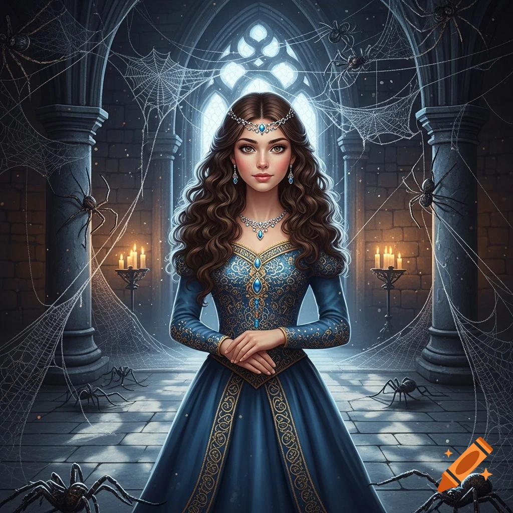 A princess with brown curly hair and a blue dress stands in a dark gothic castle with spiderwebs and large spiders.