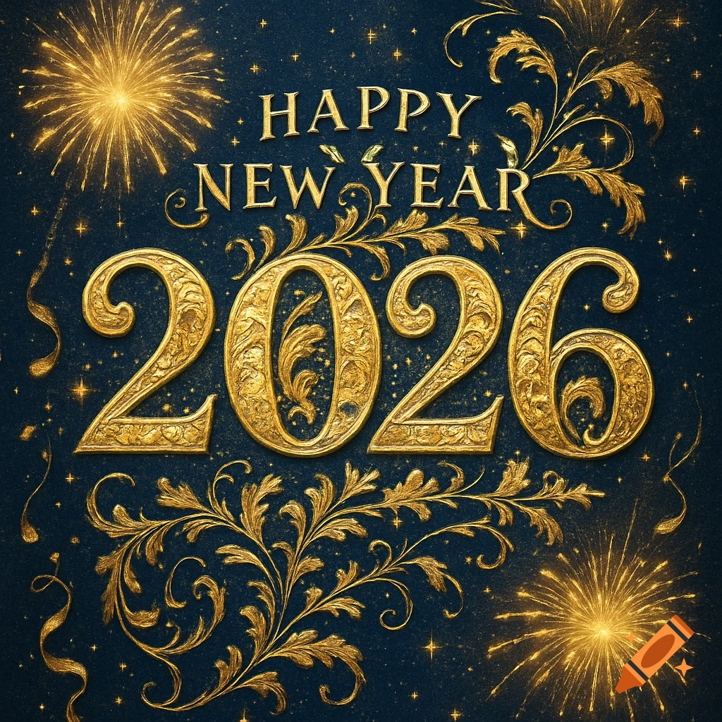 Golden Happy New Year 2026 text with ornate floral designs and fireworks on a sparkling dark blue background.